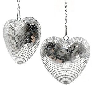 NWT 2 Pack 6" Heart Disco Ball Hanging Mirror Decor Silver Retro